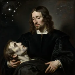 a portrait of john of the black bands facing the death, soft painting, constellations and nebulae in the background, rembrandt style, elegant, highly detailed, sharp focus,