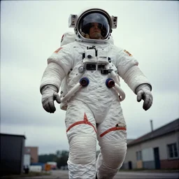 extreme low angle, a 3 5 mm kodachrome photo of a enormous giant towering chubby american astronaut in spacesut with oversized helmet walking in legnica, movie still, bokeh, canon 5 0 mm, cinematic lighting, dramatic, film, photography, depth of field, award - winning, overcast, 8 k, 3 5 mm film grain
