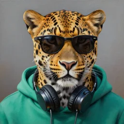 a photorealistic painting of a leopard wearing black sunglasses, a teal green hoodie with headphones wrapping his neck. hyper detailed, oil on canvas. this 4 k hd image is trending on artstation, featured on behance, well - rendered, extra crisp, features intricate detail, epic composition and the style of unreal engine.