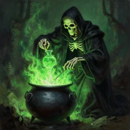 A highly detailed oil painting by Greg Rutkowski of a skeleton wearing black robes making a potion in a huge bubbling cauldron glowing bright green, with lots of fire coming from it, highly detailed fantasy concept artwork, very realistic, green and black color scheme.