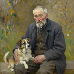 an old man with a dog, impressionist, oil on canvas