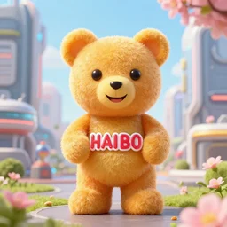 portrait of haribo bear in future city, color and shape focus, central composition, natural light, bloom, pu