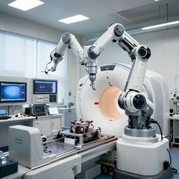 large ferrari motors, a complex thick bifurcated robotic cnc surgical arm cybernetic symbiosis hybrid mri 3 d printer machine making in a biochem lab control panels, 4 k, large monitor screens, knobs, drone camera lens orbs, octane render, natural light in room, architectural, f 1 8, still from movie by denis villeneuve,