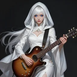 A beautiful mysterious girl with hooded cobalt-blue eyes and silky white hair, guitar shape build, her wardrobe is attractive, full body, fantasy art, in the style of Frank Neidhardt, illustration, epic art, fantasy, intricate, elgant, amazing detail, digital painting, artstation, concept art, smooth, sharp focus