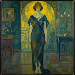 art deco painting of standing faceless woman in a mysterious room