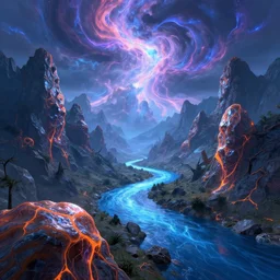artstation, beautiful alien landscapes, fluo organic shiny rocks with veins, drmatic sky with swirling flows of energy and plasma, a blue river, steep mountains
