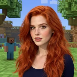 beautiful redhead woman, inside minecraft game, closeup