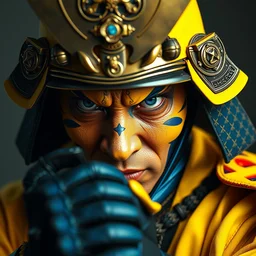 portrait of samurai, ready to fight, goth punk, vibrant yellow, blue, colors, surreal, a french baroque by by alexander mcqueen, hyper detailed, very detailed, photograph, cinematic lighting, photorealistic, octane render