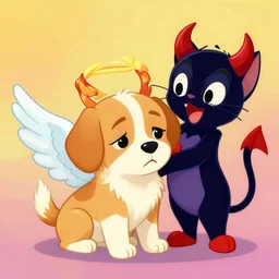 a very sad puppy with a angel wings, a very happy villain cat with devils horns, illustration, drawing, vibrant, colorful, disney style