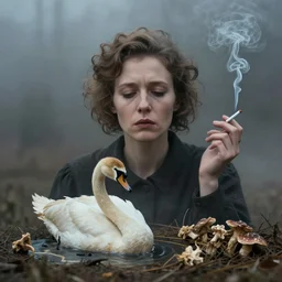 photographic portrait of sad max ernst woman swan dried melting floral fungus with spiraling cigarette smoke, in fog