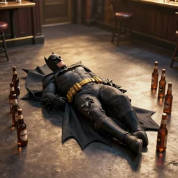 batman lying on the floor in a pub surrounded by beer bottles, 8 k photography, golden hour