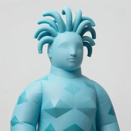 an eternal self portrait by the artist kelbv, in distinct hyper detailed style with tubes neatly curving around his head, and inflated body filled with light blue and teal truncated tetrahedra, perfect studio lighting against a backdrop of a still from the movie flight of the squid.