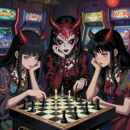 psychedelic demon women playing chess at an arcade, finely detailed features, perfect art, gapmoe yandere grimdark, trending on pixiv fanbox, painted by greg rutkowski makoto shinkai takashi takeuchi studio ghibli,, akihiko yoshida