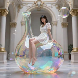a beautiful japanese girl sitting on an unfinished klein bottle sculptural, chroma iridescence, colors, glassy, reflective and refractive, soap bubbles floating, baroque architecture background, surrealist