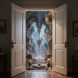 a bedroom door opening portal into another world dimension. digital art, intricate, highly detailed, dynamic lighting, hyperrealistic, symmetrical!! trending on artstation, award - winning art, art by artgerm and greg rutkowski, wlop, octane render, 4 k
