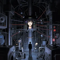 full - color still from a 1 9 9 8 live - action tv drama adaptation of serial experiments lain. retrofuturism ; complex analog network infrastructure ; suspense ; moody ; lurking threat.
