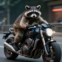 cinematic still of a raccoon as terminator on a motorbike