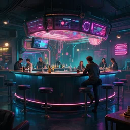concept art of cyberpunk bar environment : 8 k, hdr, studio, matte painting, environment, digital illustration, style cyberpunk 2 0 7 7, artstation, by marcin stepien, by mihai muscan, by marta leydy, by charlotte hughes, by zuzanna dabrowa, neon bioluminescence, highly detailed