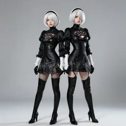 a fullbody portrait of 2 b from nier automata, white hair : : in a black latex catsuit, long sleeves, turtleneck : : cosplay, photography, studio photography, real lighting, realistic, hd : :