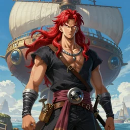 epic fantasy portrait painting of a long haired, red headed male sky - pirate in front of an airship in the style of the dragonball
