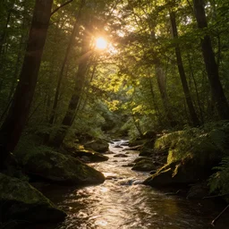 sun - rays through canopy, gentle sparkling forest stream, sundown golden hour firefly wisps, focal length : 2 0 0. 0 mm, steve hanks, charlie bowater, mark brooks, steve henderson, justin gerard, mark keathley, victor nizovtsev, tom bagshaw, krenz cushart, ross tran