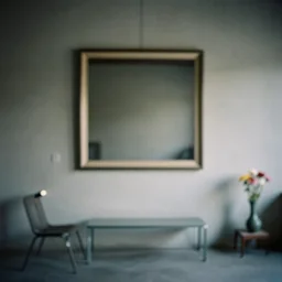 kodak portra 4 0 0, flashlight, muted colours, 1 9 2 0 s style, long shot, photo of a room with concrete walls and a large large square square picture frame, tiny gaussian blur, haze, depth of field, 1 9 6 0 s metal furniture, flower vase