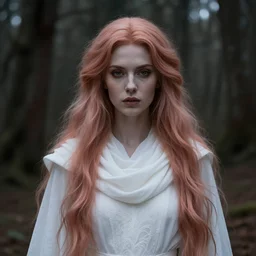 an ethereal high witch with long beautiful rose gold hair, in a white flowing detailed cowl, detailed face in natural makeup, dark aesthetic, fantasy setting in a forest