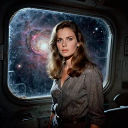 portrait of Mila Kunis exploring a eerie derelict space station, nebula through window, 1980s, Ludek Pesek, Rick Guidice, Chesley Bonestell, Lucien Rudaux, Rolf Klep, Fred Freeman, George Pal