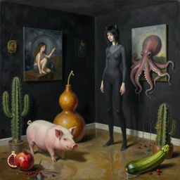 realistic painting of a flooded female artist's apartment, black dripping walls, tall emo catgirl, a gourd sculpture, a pig, an octopus reaching out from inside paintings on black walls, a pomegranate, cactus, octopus, a courgette, 1 6 mm, berries, zen, sensual, surrealist painting by magritte and rousseau and monet