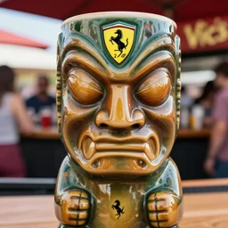 a closeup photorealistic capture of a glossy ferrari themed tiki mug at at an outdoor trader vic's bar featuring the young enzo ferrari's face. tiki party. bright scene. fine detail. this 4 k hd image is trending on artstation, featured on behance, well - rendered, extra crisp, features intricate detail, epic composition and the style of unreal engine.
