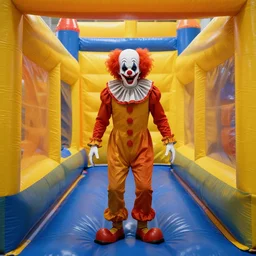 creepy clown in an infinite corridor made of bouncy castle
