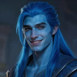 a portrait of a young adult male with long blue hair, tied back, blue skin, a character portrait, no beard, smiling, trending on deviantart, fantasy art, lighthearted, handsome, style by donato giancola, wayne reynolds, jeff easley dramatic light, high detail, cinematic lighting, trending on artstation