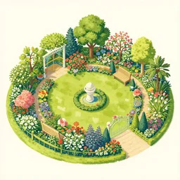 an illustration of a beautiful garden, isometric view, painted by moebius and james jean