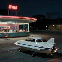 a spaceship parked in front of a diner in the style of edward hopper nighthawks