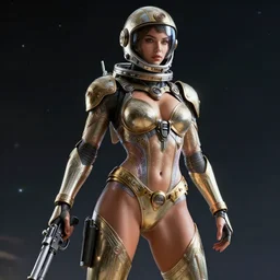 sexy fighter ornate feminine cyborg in full body skin space suit, arab belt helmet, concept art, joshua rife, gun, intricate, highlydetailed, space background, artstation 8 k raytracing, shadows, highlights, illumination