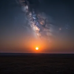 the most beautiful landscape at dawn, two sun, milky way, matte painting, hyperrealistic, extremely detailed, vivid, apocalyptic
