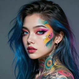 girl face with colourful tattoo, volume light, by cutiicosmo, trend on artstation