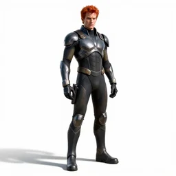 red-haired villain in armored suit, high detail digital art, full body, standing, isolated on a pure white background, centered, whole figure in frame, sharp focus, studio lighting