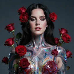 portrait of lana del rey as a cyberpunk cyborg. roses, sci - fi, intricate abstract upper body intricate artwork, by tooth wu, wlop, beeple, dan mumford. concept art, octane render, deviantart, greg rutkowski, cinematic arthouse, key art, hyper realism, iridescent accents