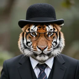 high quality portrait photo of a !older tiger! wearing a business suit and tie, wearing a bowler hat, !!wearing glasses!!, !Anthropomorphic!, photography 4k, f1.8 bokeh, 4k, 85mm lens, sharp eyes, looking at camera