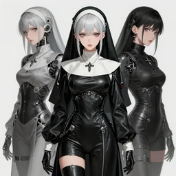 1 wlop and krenz cushart and alfons mucha detailed close portrait digital concept of a anime cyborg gothic nun posing in leather, sunbeam, unreal engine 5, hyperrealism, cinematic composition, blender render, octane render, hdr, detailed textures, 8 k, award winning art, trending on artstation, artgerm,