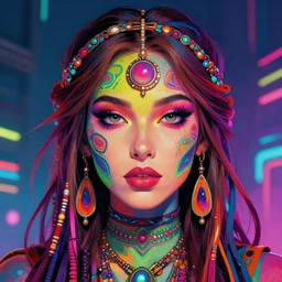 colorful character portrait of a female hippie, set in the future 2 1 5 0 | highly detailed face | very intricate | symmetrical | professional model | cinematic lighting | award - winning | painted by mandy jurgens | pan futurism, dystopian, bold colors, cyberpunk, groovy vibe, anime aesthestic | featured on artstation