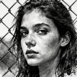 black and white dramatic gritty pen art of a face shape in a chain link fence