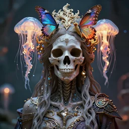 goddess of death. human skull jellyfish butterfly phoenix head. burning water. intricate artwork by Tooth Wu and wlop and beeple and dan mumford and greg rutkowski. octane render, cinematic, hyper realism, octane render, 8k, depth of field, bokeh. iridescent accents