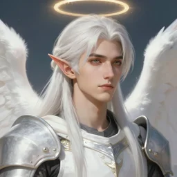 closeup portrait of a young beautiful calm and pious male aasimar paladin with medium length white hair wearing white vestments under armor, pensive and hopeful expression, illustration, painterly, WLOP, Greg Rutkowski, intricate, masterpiece, angelic sharp, digital art, halo halo halo halo 8k