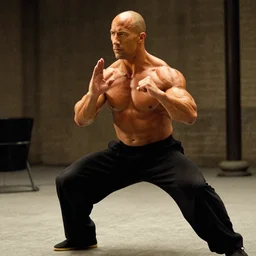 film still of dwayne johnson as ip man, pose wing chun style
