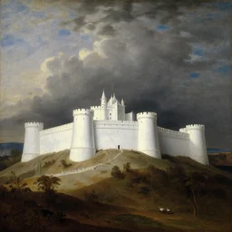 painting of mysterious landscape with white big stronghold  by George Stubbs, zdzisław beksiński, renaissance painting, oil painting, old master