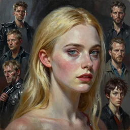 insanely detailed head and shoulders oil on canvas masterpiece. artstation, kodak portra. by frank frazetta!!!, wlop, ilya kuvshinov, krenz cushart, greg rutkowski, pixiv. zbrush sculpt, octane, maya, houdini, vfx. elle fanning in prey by ayami kojima. cinematic dramatic atmosphere, sharp focus, volumetric lighting.