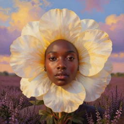 closeup, huge flower as face, an african woman in heather field, surreal photography, golden hour, colorful clouds, impressionist painting, digital painting, artstation, simon stalenhag