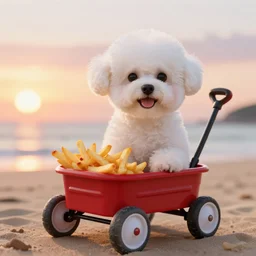 a photorealistic photograph of a smiling white Bichon Frisé puppy riding in little red wagon, overflowing french fries during sunset at the beach Trending on Artstation, featured on Behance, well-rendered, Unreal Engine, 4K HD
